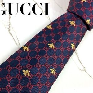 Gucci Blue and Red Bee Motif Tie